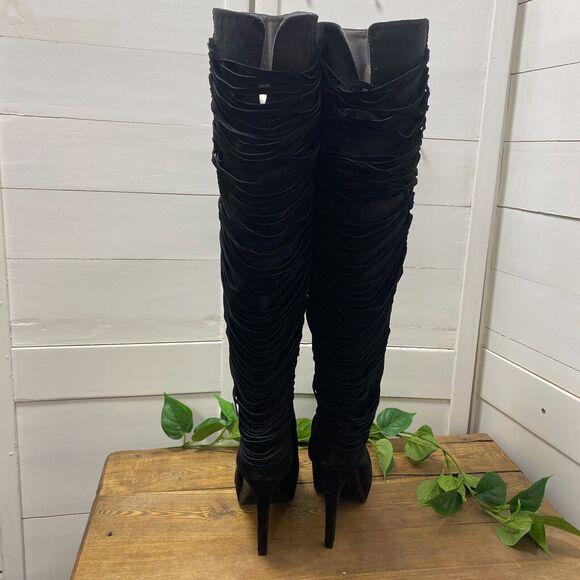 Nine West Over The Knee BLACK SUEDE Leather Fringe Stiletto Heels Boots 7 1/2 - Picture 9 of 16